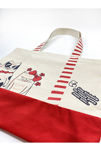 KOSTEBAG Pixie Ham Kanvas & Kırmızı Gabardin Kombin 45×36×10cm Kedi Desenli Bez Çanta