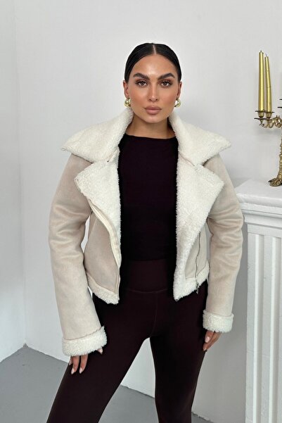 spirituel Women's Suede Coat Short Fur Lined Double Breasted Zipper Pocket Jacket