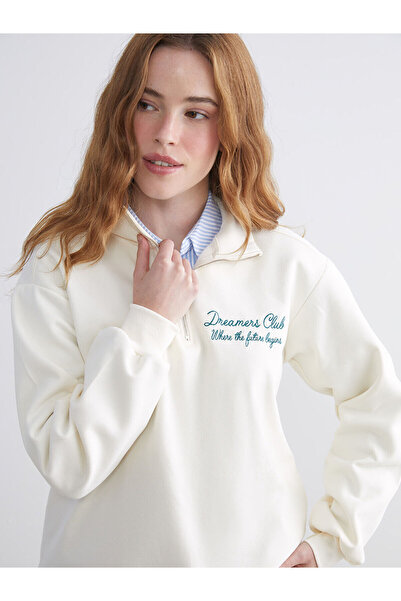 LC Waikiki Xside Mock Neck Embroidered Oversized Women's Thick Sweatshirt