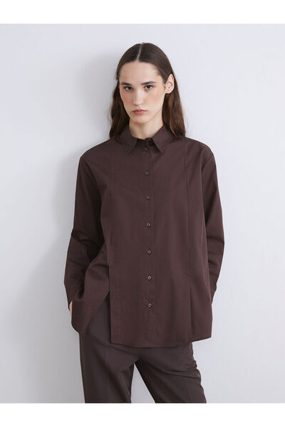 LC Waikiki قميص نسائي من LCW Modest Brown قصة فضفاضة من قماش البوبلين W5JT71Z8