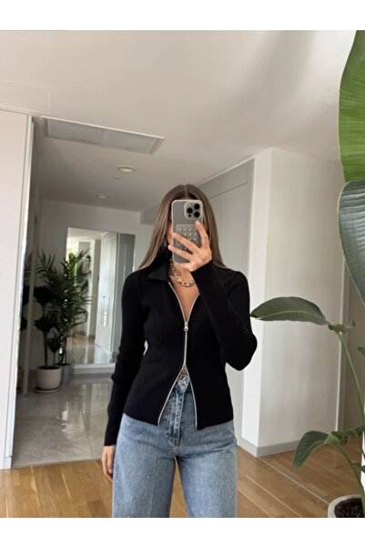 CADDELAMODA Cardigan cu guler polo pentru femei, cu fermoar dublu