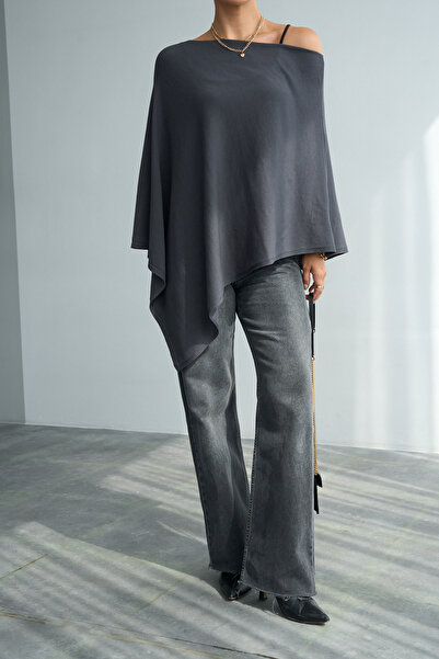 LOOSH Kadın Gri Asimetrik Yaka Oversize Panço