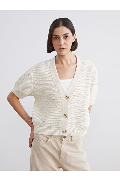 LC Waikiki Lcw Visionbeige Short Sleeve Button Detailed Women's Knitwear Cardigan