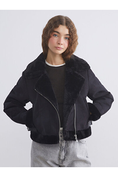 LC Waikiki معطف نسائي جديد من Özmarka بياقة راكب الدراجات النارية بمظهر جلد ا...