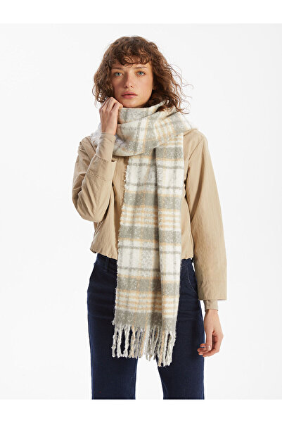 LC Waikiki Ecru Plaid Patterned Women's Scarf