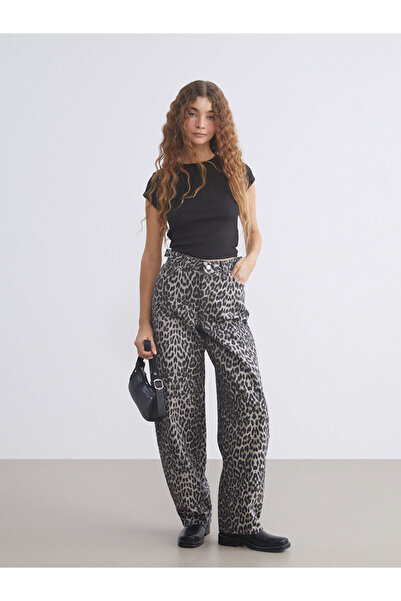 LC Waikiki XSIDE Kahverengi Baggy Fit Leopar Desenli Kadın Jean Pantolon
