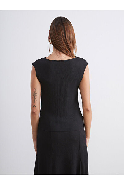 LC Waikiki Soulife Black Draped Collar Textured Blouse