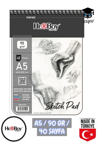 SEYFİKİRTASİYE 14X20 cm A5 Sketching Black Pen Drawing Notebook 90 Gr Ring Bound 40 Sheets Herboy