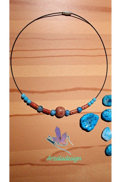 arzela Natural Stone Apatite Turquoise Crystal Authentic Patterned Wooden Bead Steel Necklace