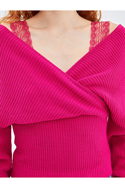 LC Waikiki Fuşya Kruvaze Yaka Kadın Triko Kazak