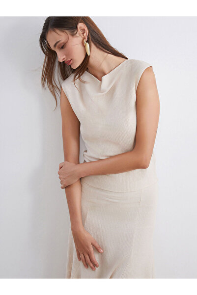 LC Waikiki Ecru Draped Neckline Textured Blouse