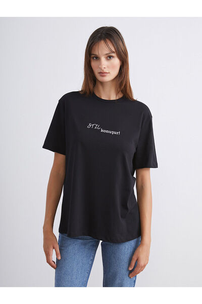 LC Waikiki SoulifeSiyah Bicycle Collar Slogan με τύπωμα oversized Γυναικείο T...