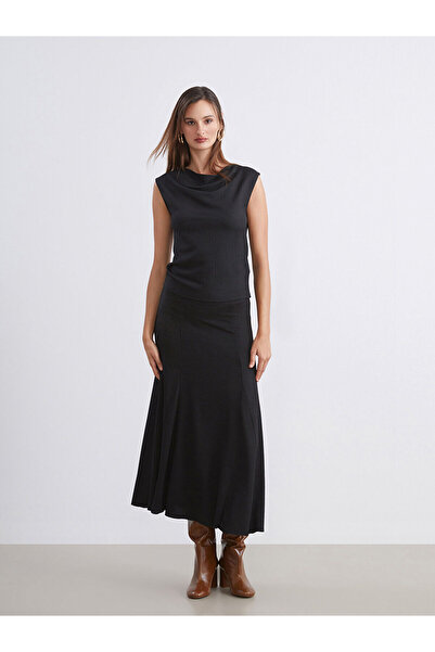 LC Waikiki Soulife Black Draped Collar Textured Blouse