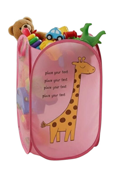 HZL HOME Zürafa Desenli Pembe Fileli Katlanabilir Oyuncak-Çamaşır Sepeti Çocu...