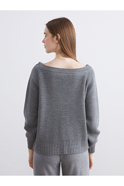 LC Waikiki Γυναικείο πλεκτό πουλόβερ LCW Vision Grey Boat Neck oversized