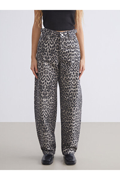 LC Waikiki XSIDE Kahverengi Baggy Fit Leopar Desenli Kadın Jean Pantolon