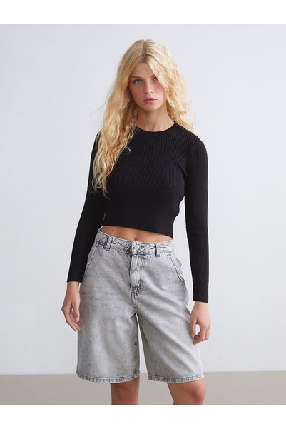 LC Waikiki Nevavm Farkıyla Xside Black Oval Collar Women's Knitwear Sweater