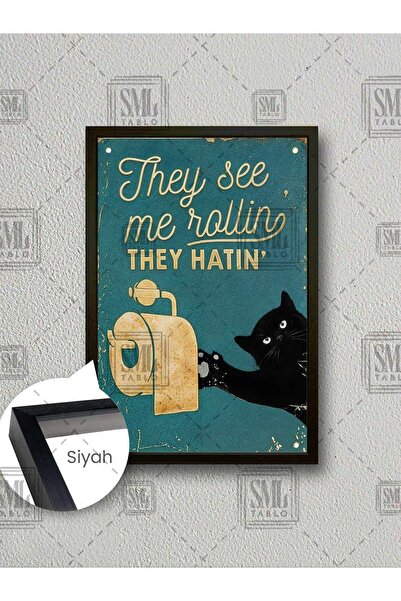 SML TABLO Tuvalet Kağıdı Sevimli Siyah Kedi Banyo Tuvalet Dekoru Çerçeveli Di...