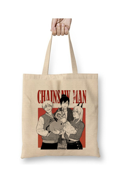 Toyaso Τσάντα Chainsaw Man Λευκή υφασμάτινη τσάντα με μακριά λαβή Τσάντα αγορών Τσάντα παραλίας
