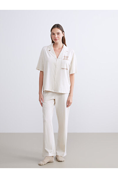 LC Waikiki Peak Yeni Sezon Gömlek Yaka Ayı Baskılı Kadın Pijama Takımı