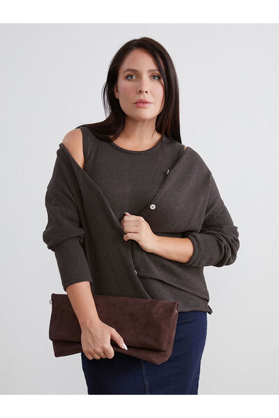 LC Waikiki Brown Plus Size V-Neck Women's Knitwear Cardigan