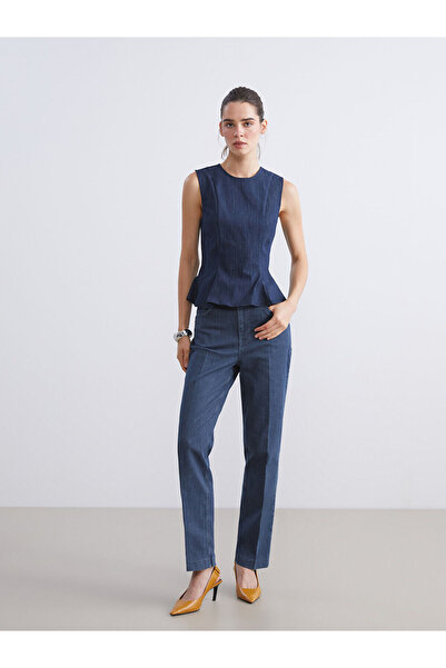 LC Waikiki Lcw Vision Indigo Crew Neck Peplum Jean Blouse