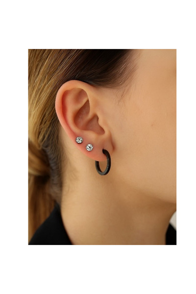 Hmd Black Color Single Stone and Hoop Earring Combination Earrings