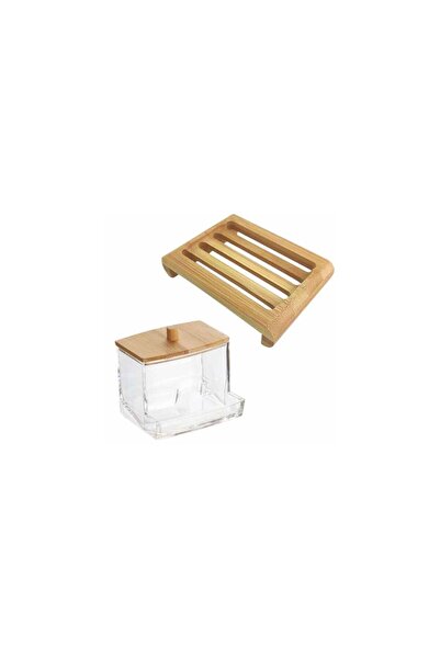 Mercaton Set of 2 Bamboo Pieces, Anti-Slip Cotton Swab Storage Box and Soap Dish with Dr