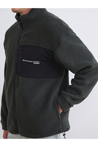 LC Waikiki Ανδρικό φούτερ με μακρυμάνικο βελούδινο χακί ψηλός λαιμός