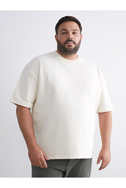 LC Waikiki Beige Plus Size Crew Neck Short Sleeve Men's Sweatshirt
