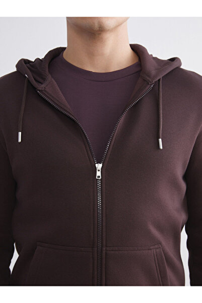 LC Waikiki Ανδρικό φούτερ με μακρυμάνικο φερμουάρ Plum με κουκούλα