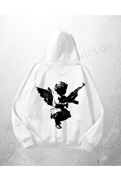 Bravebell Hanorac alb unisex cu pistol Angel cu imprimeu supradimensionat tricou