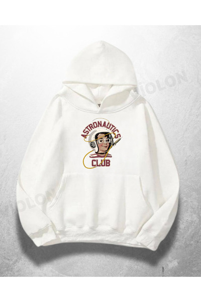 Violon Λευκό Unisex Astronauts Club με τύπωμα oversized Φούτερ με κουκούλα