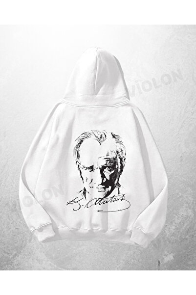 Violon Λευκό Unisex Πορτρέτο Ατατούρκ με τύπωμα oversized Φούτερ με κουκούλα