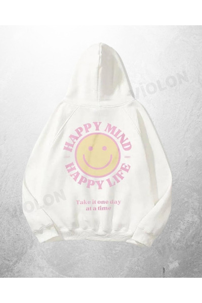 Violon Λευκό Unisex Happy Mind Happy Life με τύπωμα oversized Φούτερ με κουκούλα