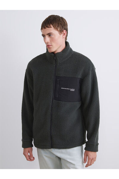 LC Waikiki Ανδρικό φούτερ με μακρυμάνικο βελούδινο χακί ψηλός λαιμός