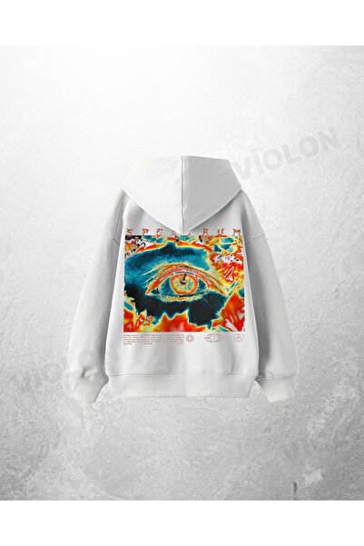 Violon سويت شيرت بقلنسوة كبير الحجم مطبوع عليه عين سايدلريك باللون الأبيض للج...