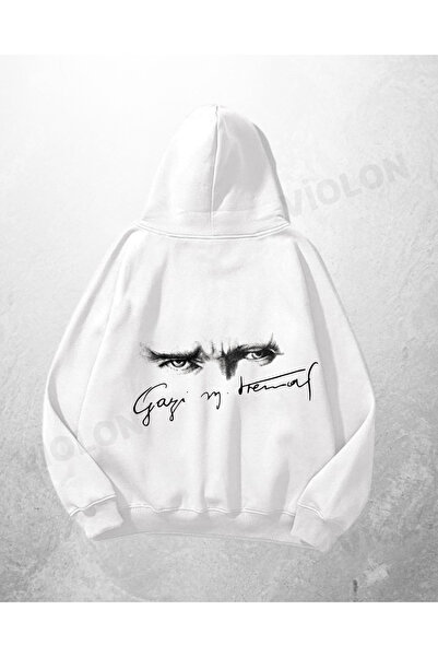 Violon Λευκό φούτερ με κουκούλα Unisex Atatürk Signature B με τύπωμα O oversized