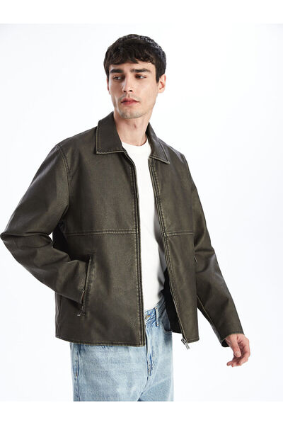 LC Waikiki XSIDESiyah Standart Kalıp Gömlek Yaka Erkek Deri Görünümlü Ceket