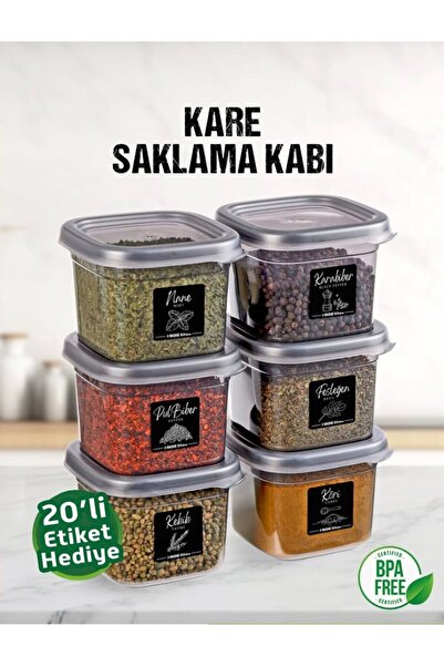SALBOX 6 lı 12 Parça 550 Ml. Kare Erzak Saklama Kutusu Baharatlık Seti 20 Eti...