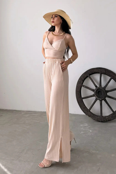 LAREON Women's Strappy V-Neck Crop Blouse and High Waist Wide Leg Pocket Slit...