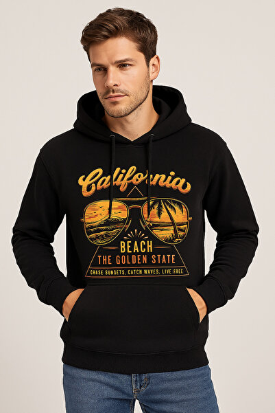 ocke هوديي أسود مطبوع عليه شعار California Beach مع جيب كنغر كبير الحجم للجنسين