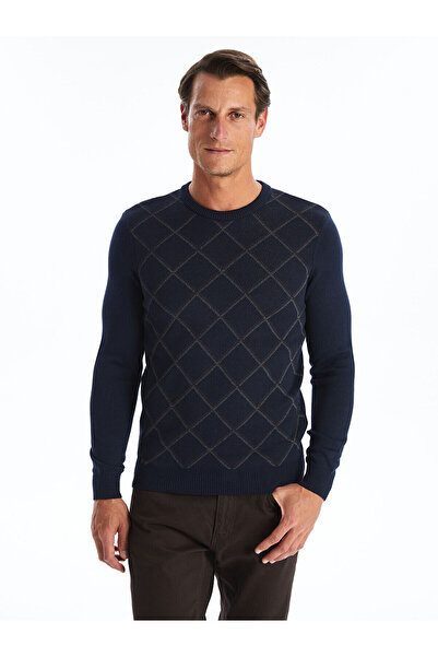 LC Waikiki Navy Blue Crew Neck Long Sleeve Plaid Men's Knitwear Sweater