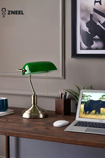 Genel Markalar Cam Başlıklı Gerçek Pirinç Gövdeli Bankers Masa Lambası – Dinamik Oynar Başlık, Sağlam Taban.