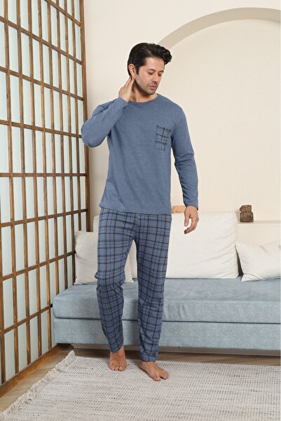 STELLAPİNK Erkek Penye Ekoseli Siyah Uzun Pijama Takımı
