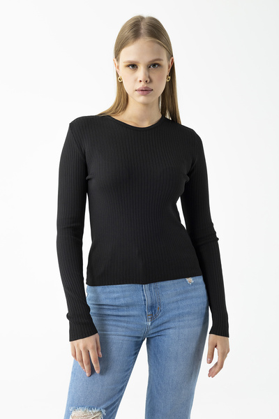 GİYSA Kadın Bisiklet Yaka Fitilli Basic Triko Body Siyah - 25K 2060