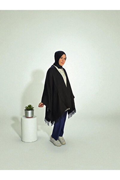 Nöşre Design Düz Siyah Kadın Omuz Şalı Uzun Panço Atkı