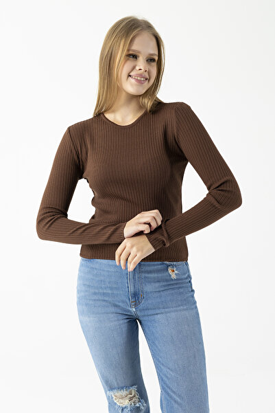 GİYSA Women's Crew Neck Ribbed Basic Knitwear Bodysuit Brown - 25K 2060