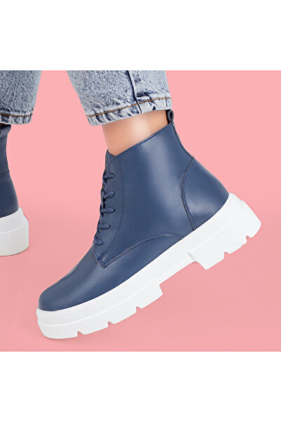 Modlet.ro Women's dark blue leather lace-up chunky sole boots MOD07335