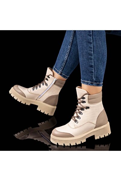Modlet.ro Women's beige leather lace-up boots with zipper MOD10926